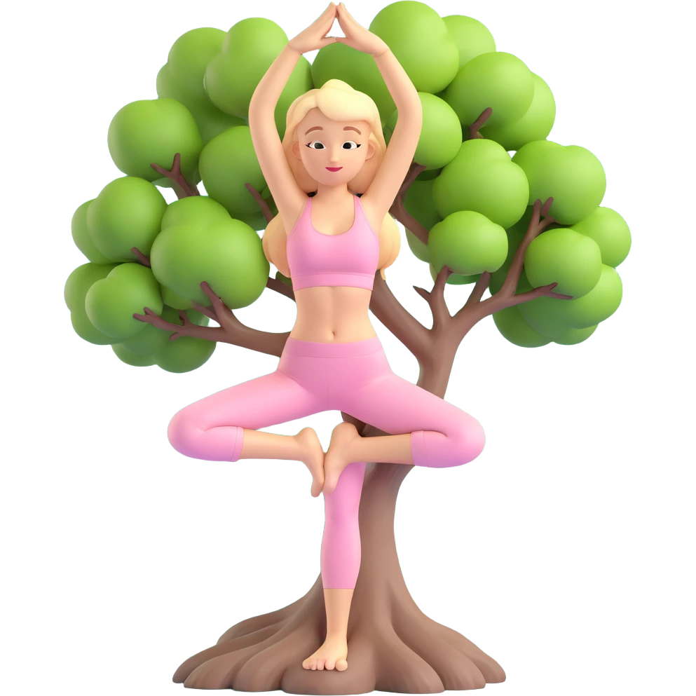 angelic blonde yoga girl in light pink yoga outfit, standing in tree pose emoji