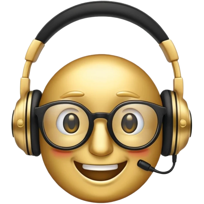 Emoji of glasses, with golden smile and headphone emoji