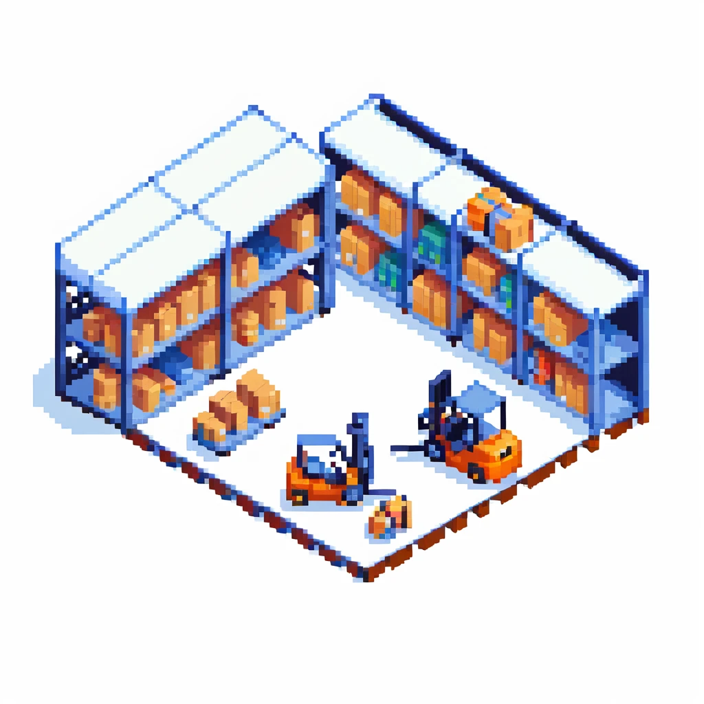 Single story warehouse in isometric perspective with forklift and storage racks emoji