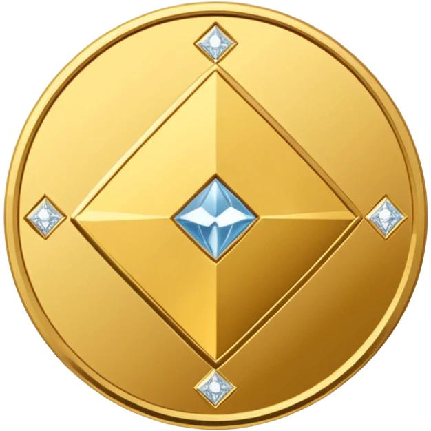 Create a high-quality 3D render of a shiny yellow/gold coin. In the center of the coin, place a diamond-shaped logo (“wajik”). Around the logo, engrave the text “Rusoconnect Network” in a circular layout. emoji