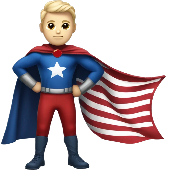 Emoji of Homelander from ‘The Boys’ series. USA flag-inspired costume with cape (red, blue, white). Confident, slightly menacing expression. emoji