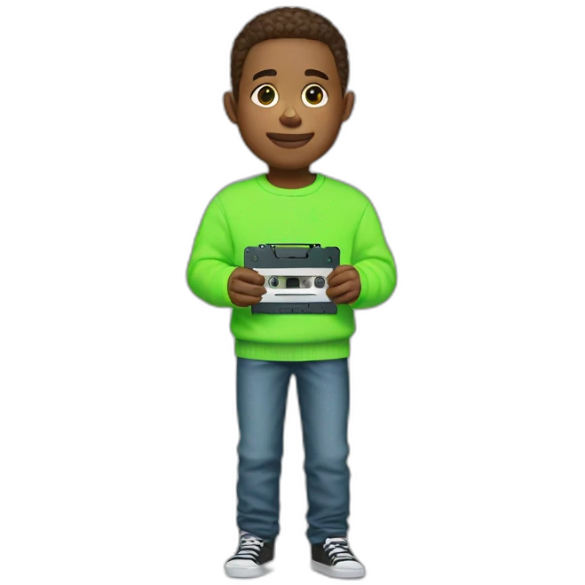 boy in neon green sweater with cassette in his hand emoji
