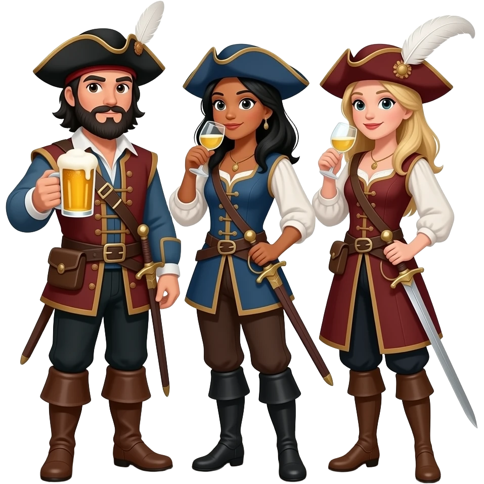 Three musketeers with swords and hats. One guy with black hair, beard and dark brown eyes, one girl with black hair and tanned skin and one girl with blond hair. The guy is drinking beer and the girls white wine. emoji