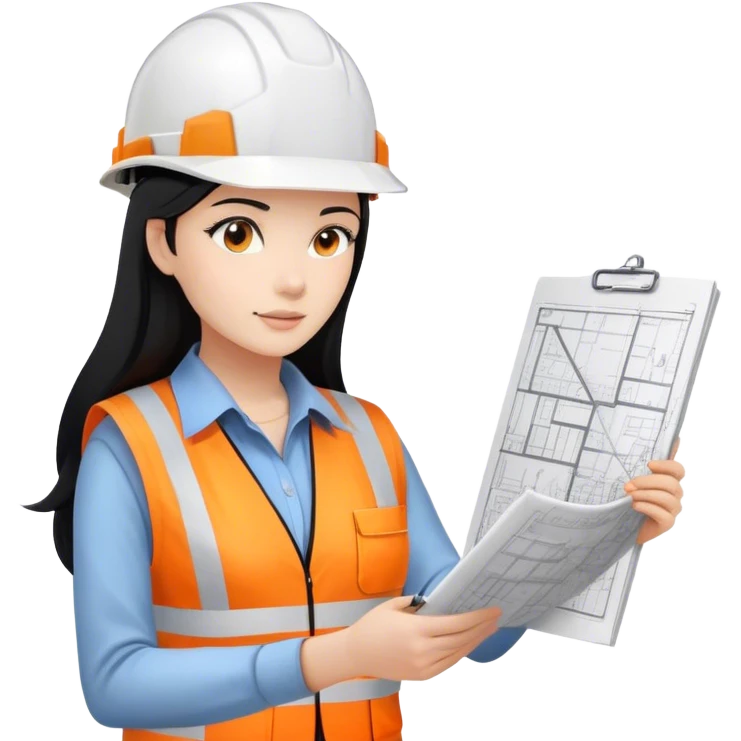 Female civil engineer with long black hair and white helmet wearing white shirt and an orange safety vest looking at drawing plan on her hand  emoji