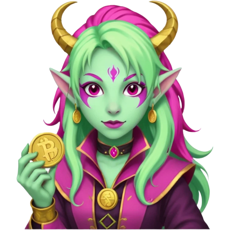 A D&D tiefling with pale green skin and long hot pink hair. She is a rouge and is obsessed with gold emoji