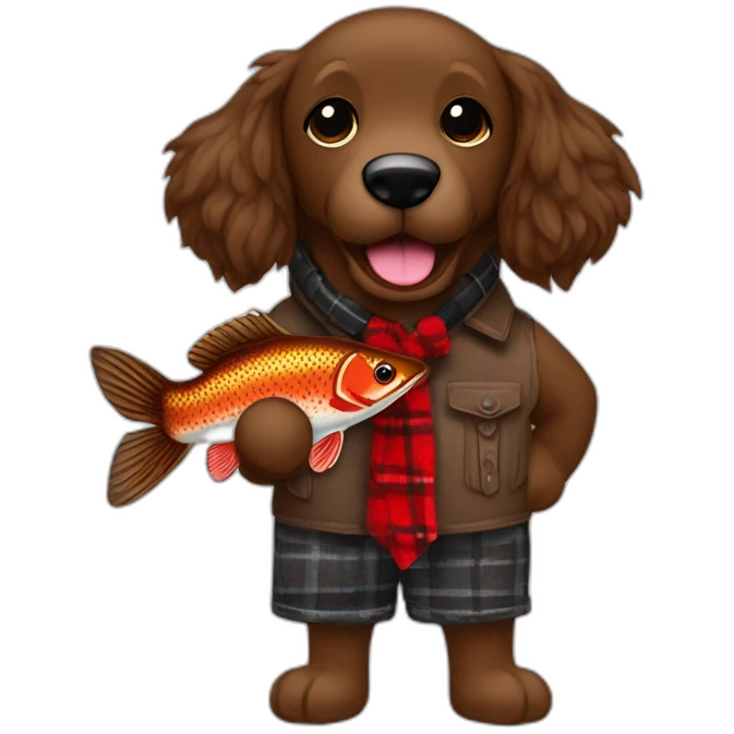 Chocolate brown colored doodle with a red and black flannel hankerchief holding a plush trout fish chew toy emoji