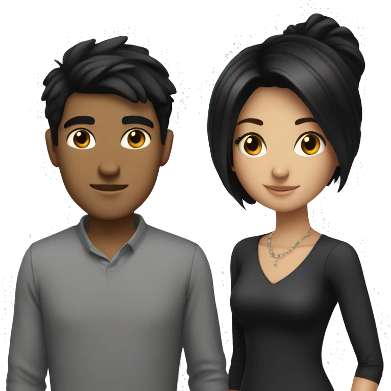 A young, English couple, the male taller with black hair, the woman slightly shorter with black hair and slightly emo emoji