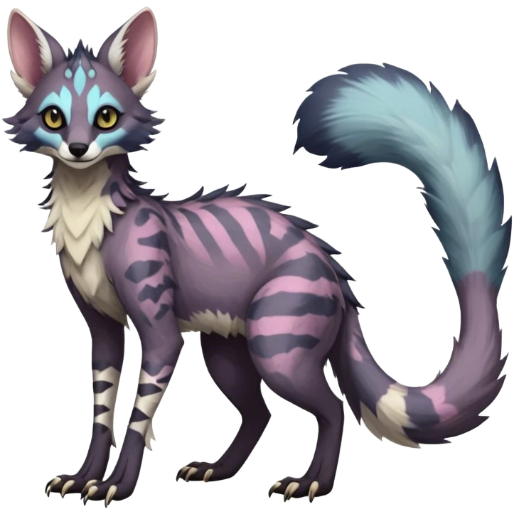 Feral Rare Fantasy dark pastel Vernid-Sergal-Genet-Trico-species by LiLaiRa, random markings, tufted tail, tufted ears, full body emoji