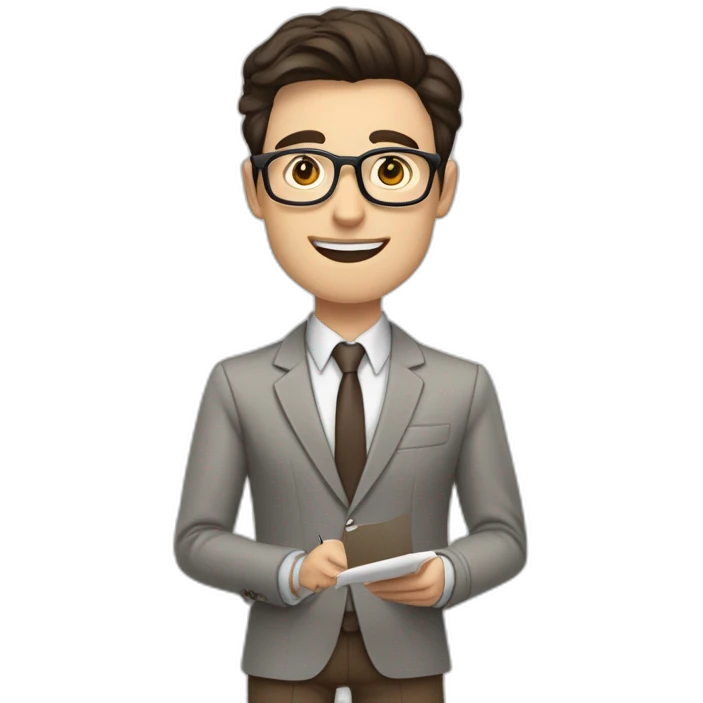 Pale skinned fit man with dark brown hair in gray jacket, beige office shirt, brown tie, brown pants and vintage glasses Writing text on the flipchart emoji