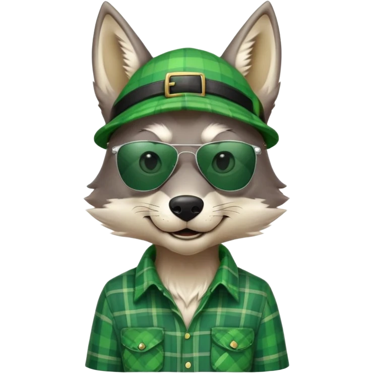 head and shoulders friendly anthropomorphised wolf in green plaid shirt and green attire for St. Patrick's Day, wearing dark sunglasses, upright pose emoji