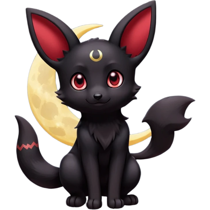 Kawaii Umbreon dark type Pokémon, full body, crescent moon behind subject, crimson colored eyes emoji