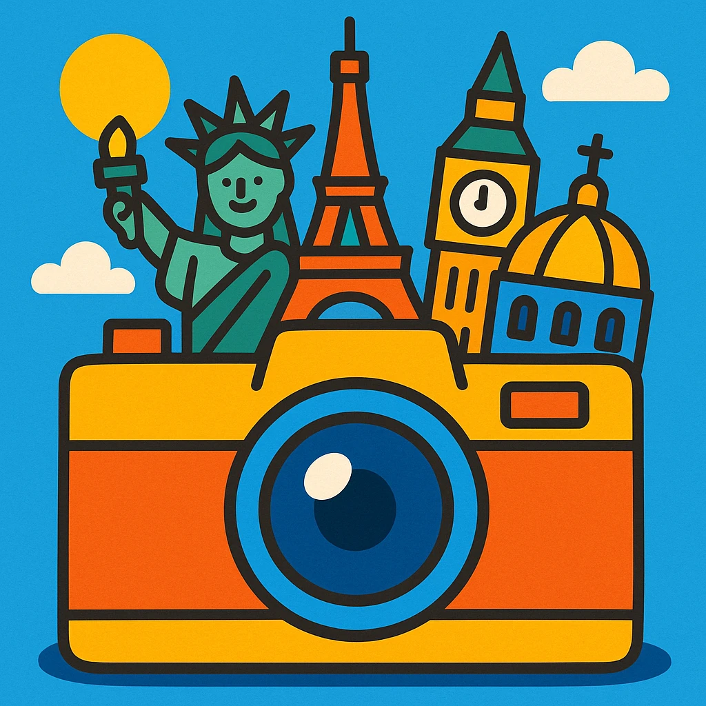 a camera with world landmarks in a playful style emoji
