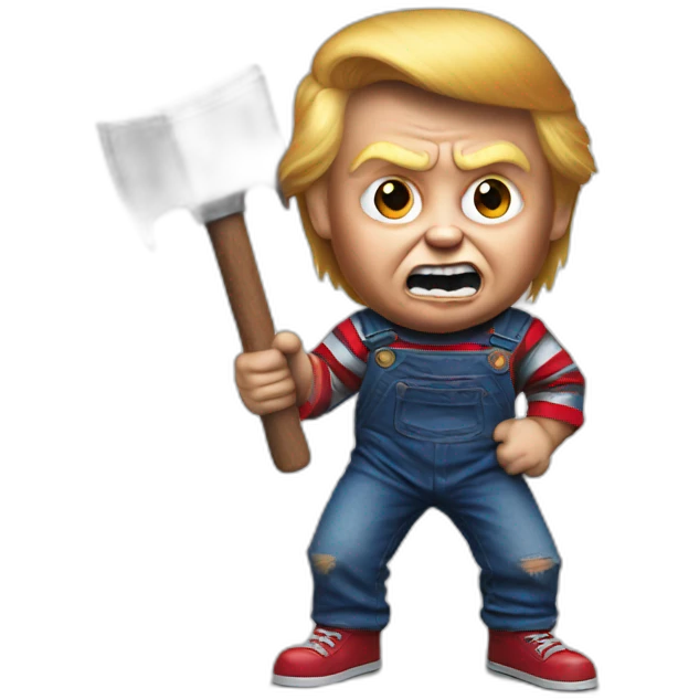 Trump as chucky with a hammer emoji
