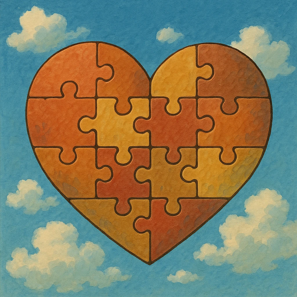 heart made of interlocking puzzle pieces, ghibli style emoji