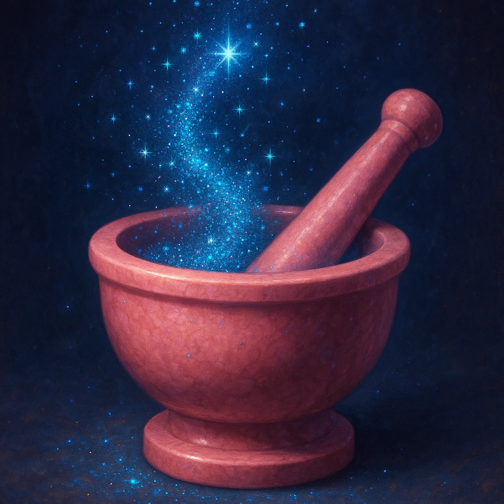 a pink pestle and mortar, blue glittery fairy dust floating above, enchanting, no text emoji