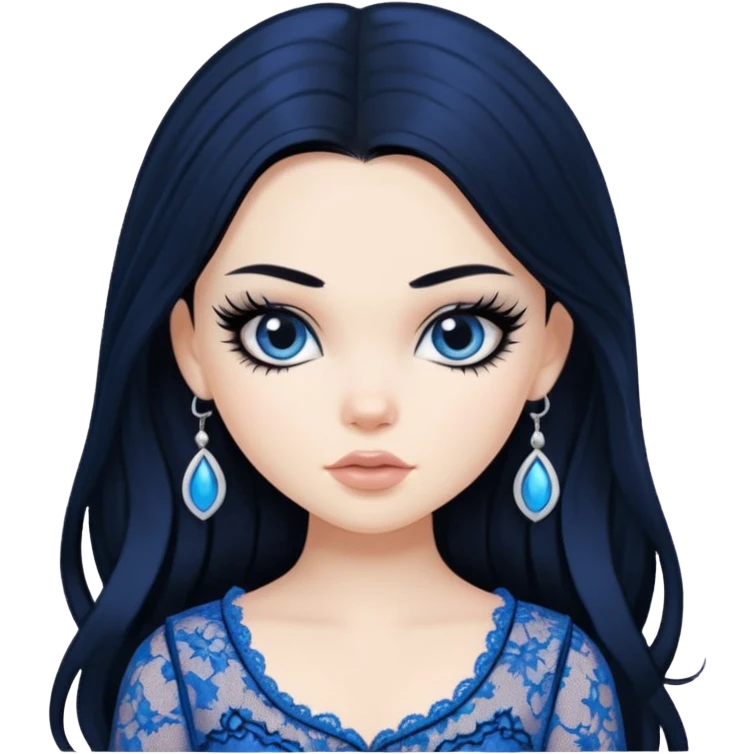 pretty, BLACK long black hair, pale skin, eyeliner, blue lace clothes, bratz baddie emoji