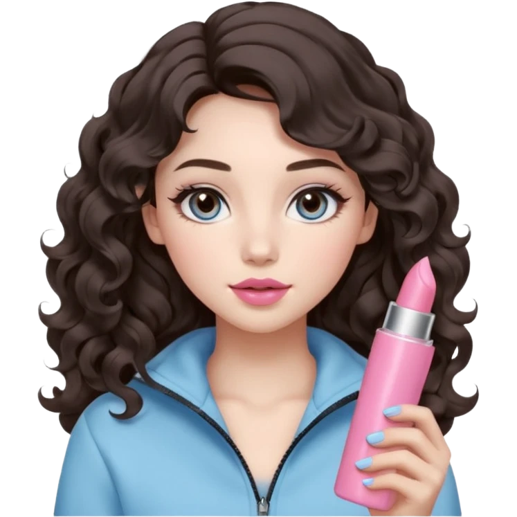 A girl with soft loose wavy curls (not tight), dark brown hair with natural volume, round-almond Douyin-style eyes with long curled lashes, cool-tone neutral makeup. She’s wearing a light-blue athletic outfit and holding a normal-size pink lipstick in one hand.. emoji