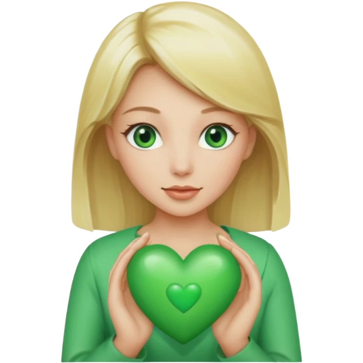 Create a blonde less angelic women with green eyes holding a green hearth emoji