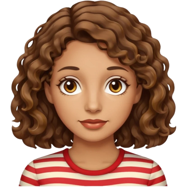 woman, 40s, chin-length wavy/curly brown-ish, few white stripes hair, hazel eyes emoji