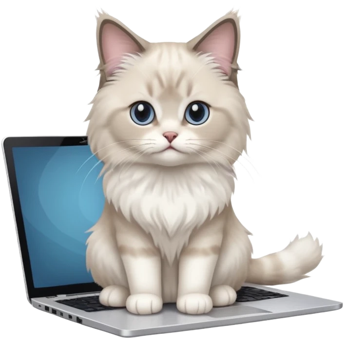 Cute ragdoll cat on a laptop. Should sit on top of the laptop, cat is way bigger than the laptop. Could walk on the laptop or sit. I liked the first one but remove the blue on the cat, Please make the brown parts light grey emoji