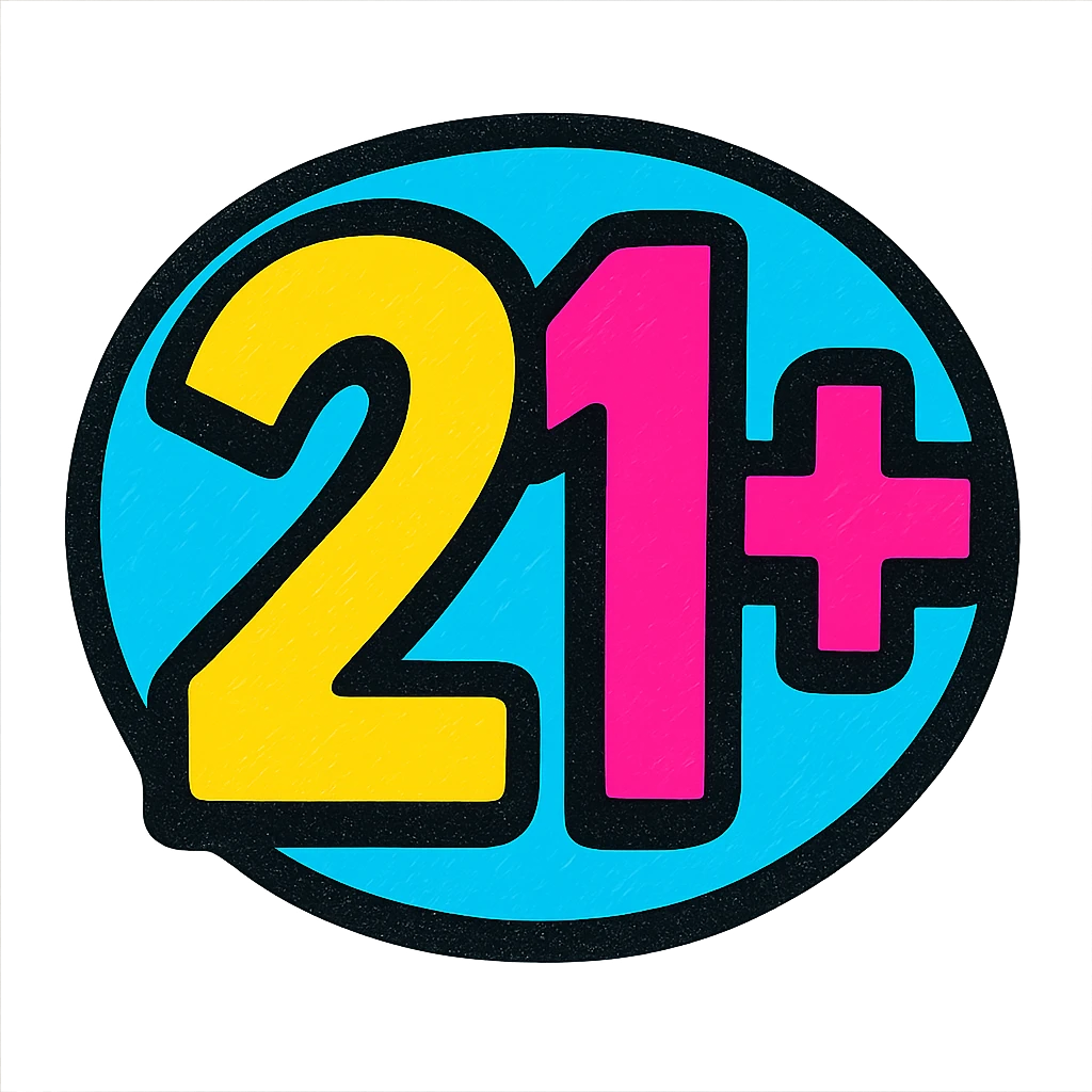 bold icon with the text '21+' in vibrant and eye-catching pop colors style emoji