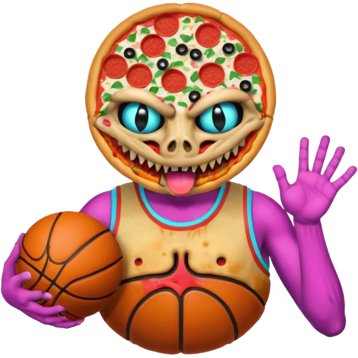 a glitch abomination with hands for a head, a baskeball stomach, pizza eyes emoji
