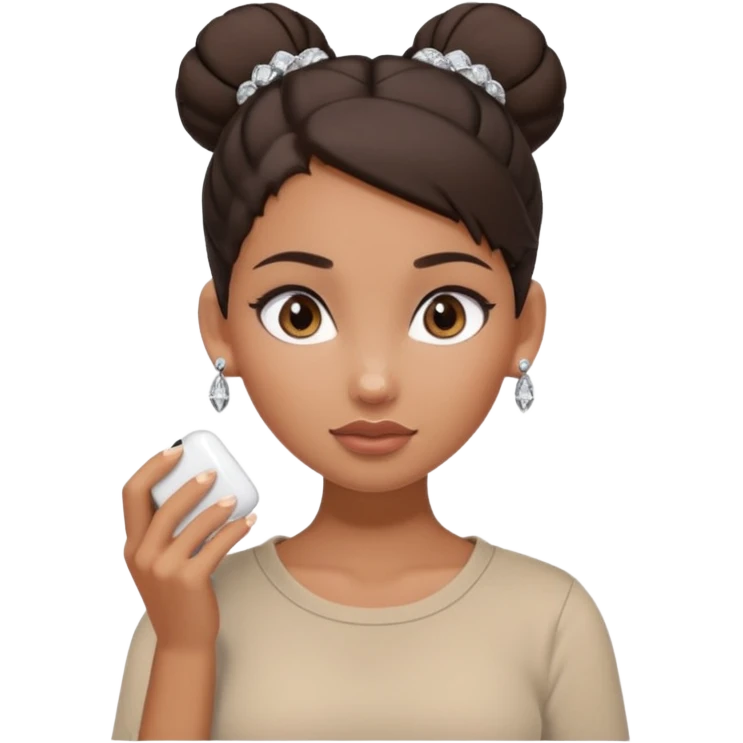 generate a pretty bratz girl with dark brown eyes. Dark brown hair tied in a single bun, tight beige shirt with top shirt open. diamond studs in ears. airpods in ear emoji