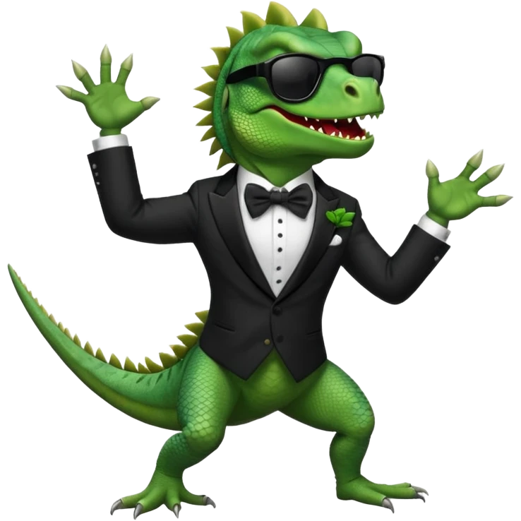 capitalist iguana banker in tuxedo and black sunglasses dancing crazy emoji