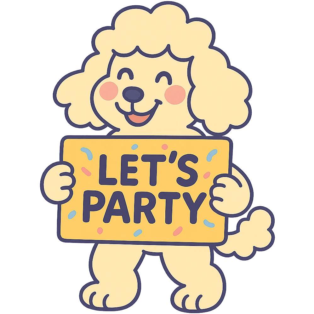 smiling poodle holding a confetti sign board with the text "Let's Party", cheeks blushing, pastel-toon style emoji