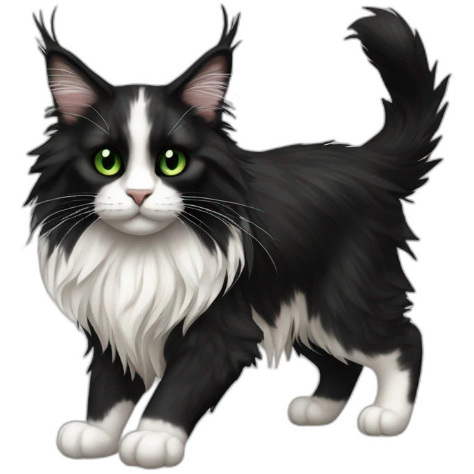 Black and white Maine coon with green eyes, full body, realism emoji