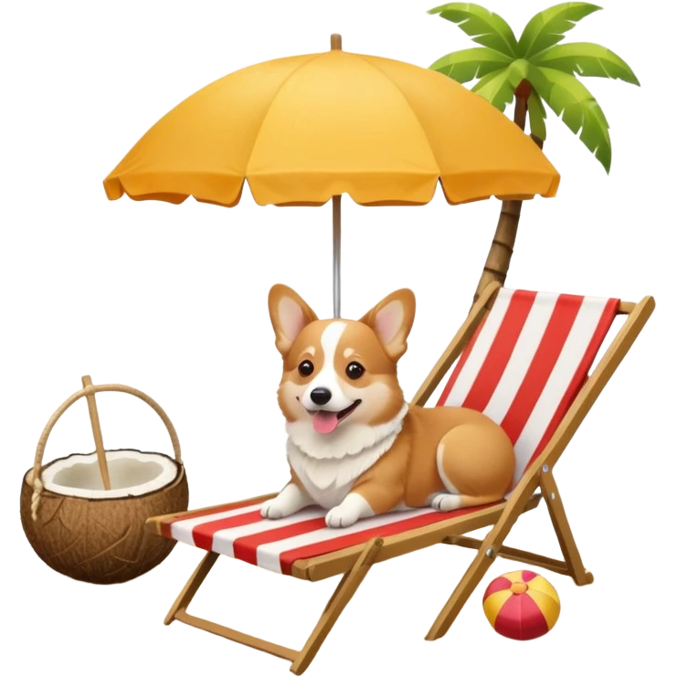 a corgi dog laied on a beach chair, a sunny beach, a sun umbrella, and beach coconut trees. the icon should capture the essence of a relaxing beach vacation with a carefree atmosphere emoji