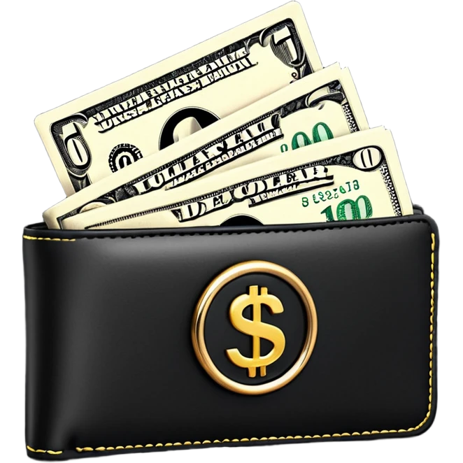 Rich emoji style black leather wallet with dollar bills, luxury money vibe, premium 3D emoji, ultra clean, high detail, no background
 emoji