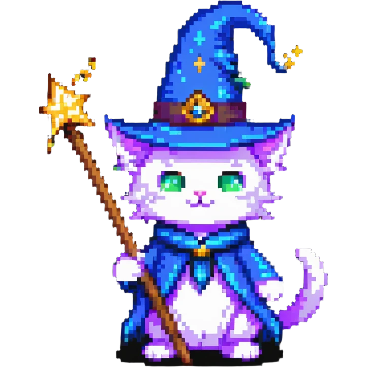 wizard cat with a pointy hat and magic wand emoji
