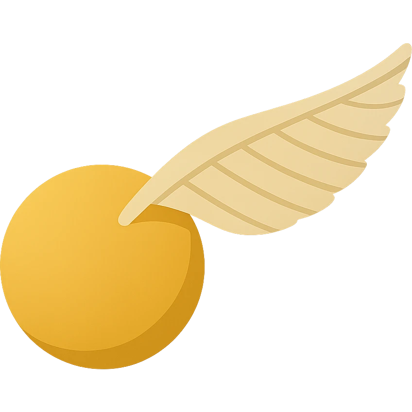 Golden Snitch, cute and simple, no outlines, color filled style. Side view, wings extended back in motion, wings with strong shadows and visible texture, no background. emoji