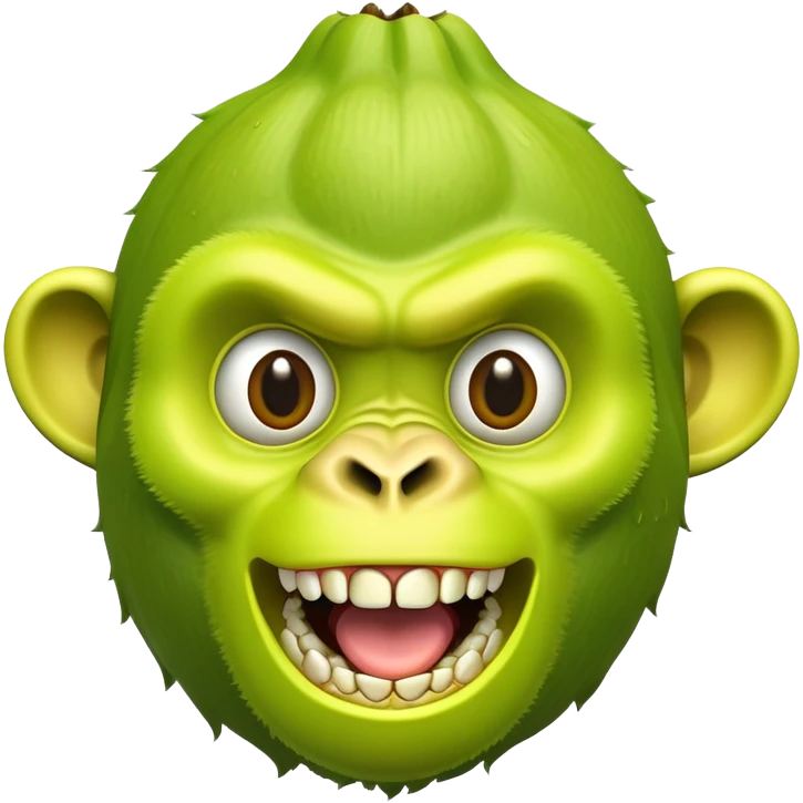 A peeled banana body with a lime green gorilla head showing teeth and expressive eyes emoji