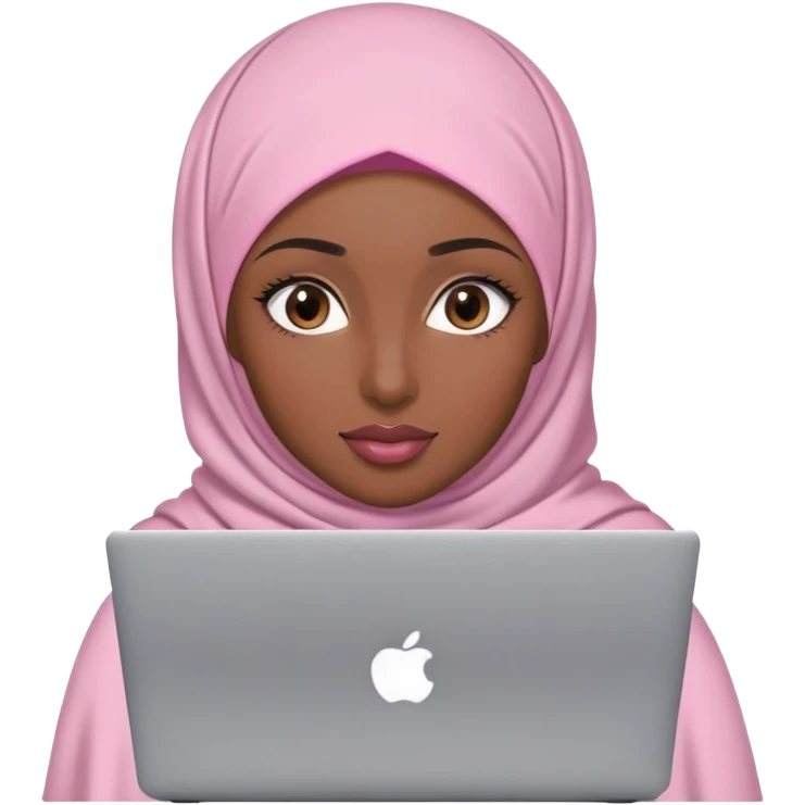 Dark brown skin woman wearing light pink hijab with natural makeup, long eyelashes and lip gloss working behind laptop emoji