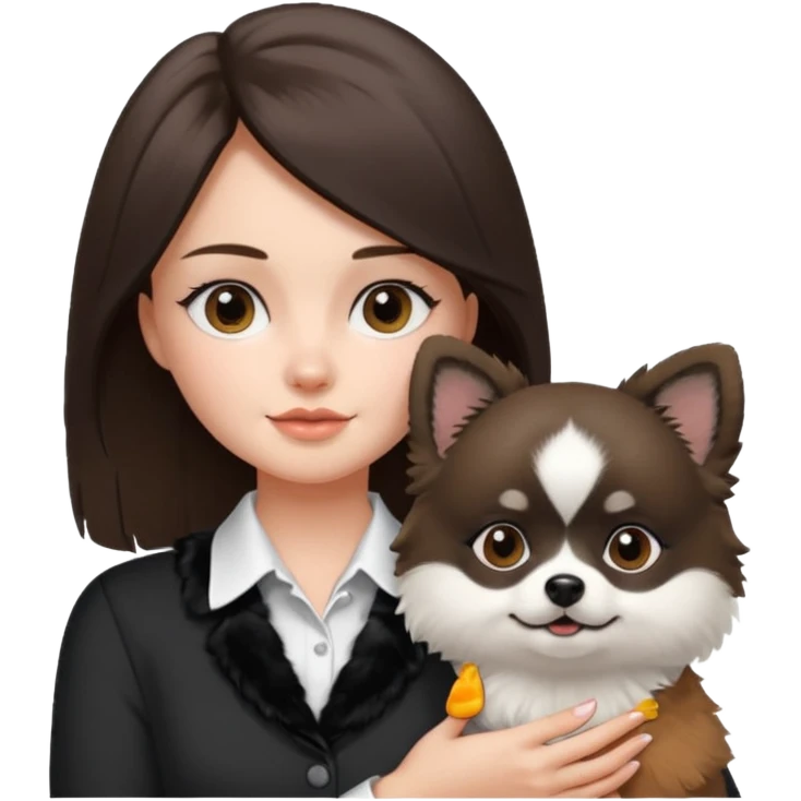 an brunette girl holding her pomeranian dog thats black and white but has white middle part in the face kinda looks like a panda emoji
