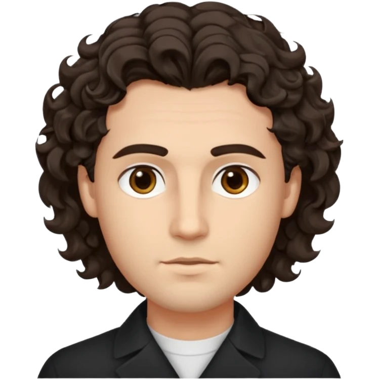 He’s a man with light to medium skin, a defined oval face, full brows, deep-set eyes, and wavy to curly dark brown hair styled with height, sides are trimmed. expression calm and focused relaxed black open-collar .polished, articulate, and trainer vibe. emoji