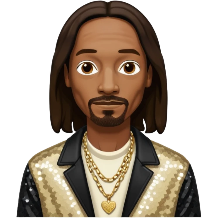 Snoop Dogg with long dark brown hair, ivory sequin jacket, black shirt with necklace emoji