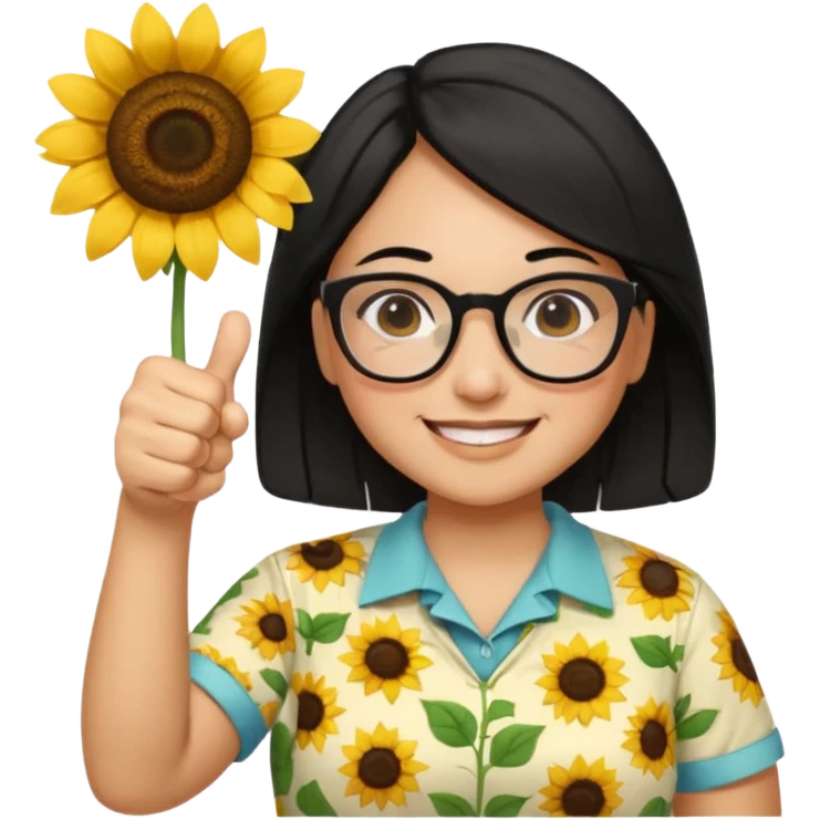 Make my biology teacher shes light brown, wears glasses, female, fat, sunflower shirt under and make her give 1 thumbs up and she has black hair and chubby emoji