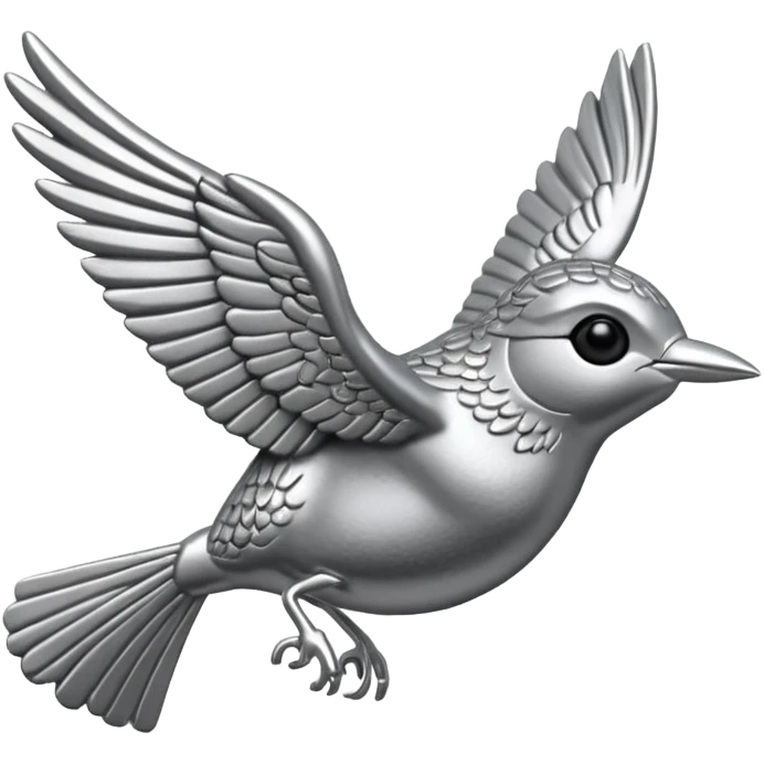 A cast metal pin depicting a silver wren in flight emoji