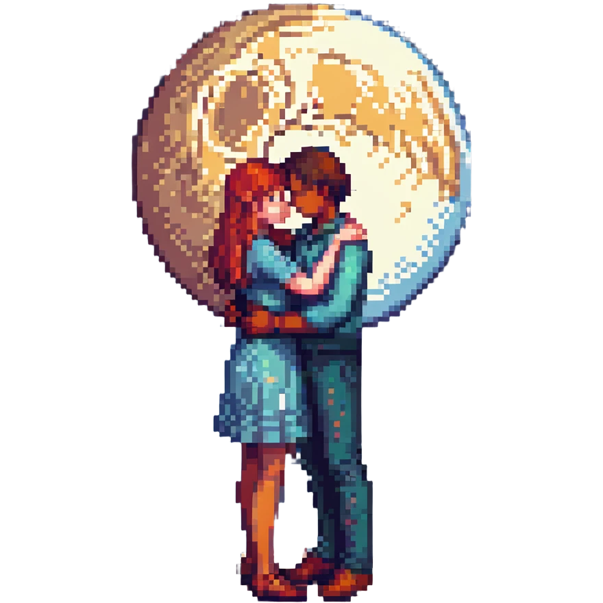 romantic scene with two characters under a pixel moon, subtle and sweet, no explicit content emoji