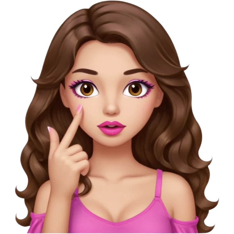 girl with long wavy brown hair, brown eyes, light to medium complexion, in a pink sexy top, pink lips, long lashes, shushing with one finger on the lips emoji