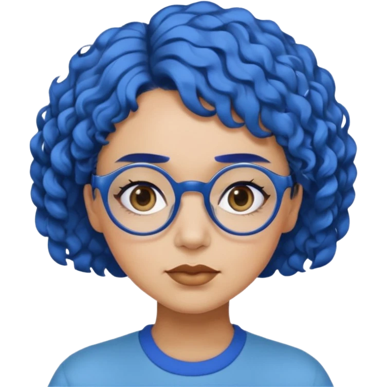 laydy with short, curly blue hair, matching blue eyebrows, light brown skin, round black glasses, and a neutral facial expression. emoji