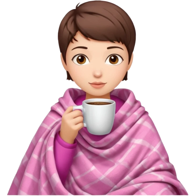 Brunette girl pixiecut Brown Hair in pink blanket drinking coffee emoji