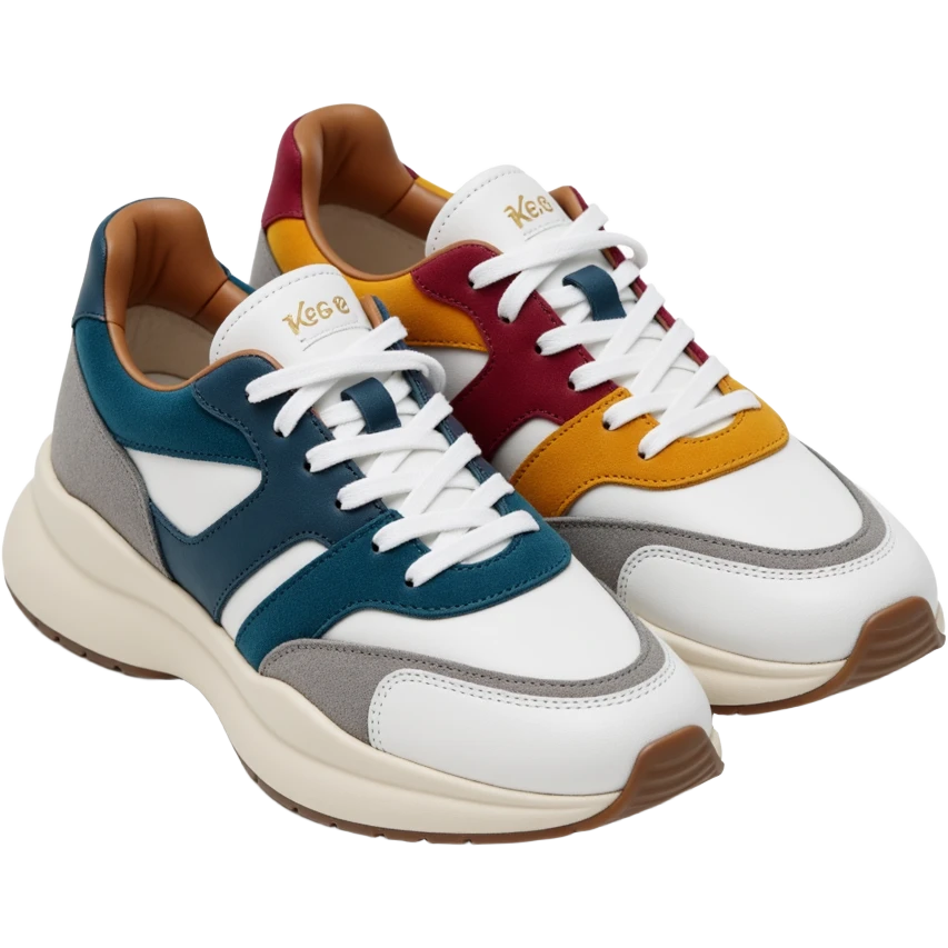 A pair of luxury designer sneakers in a studio product photo. The sneakers have a modern, sporty look with multiple leather panels. The main body is white leather with accents in teal blue, burgundy red, mustard yellow, and grey. The shoe features white laces emoji