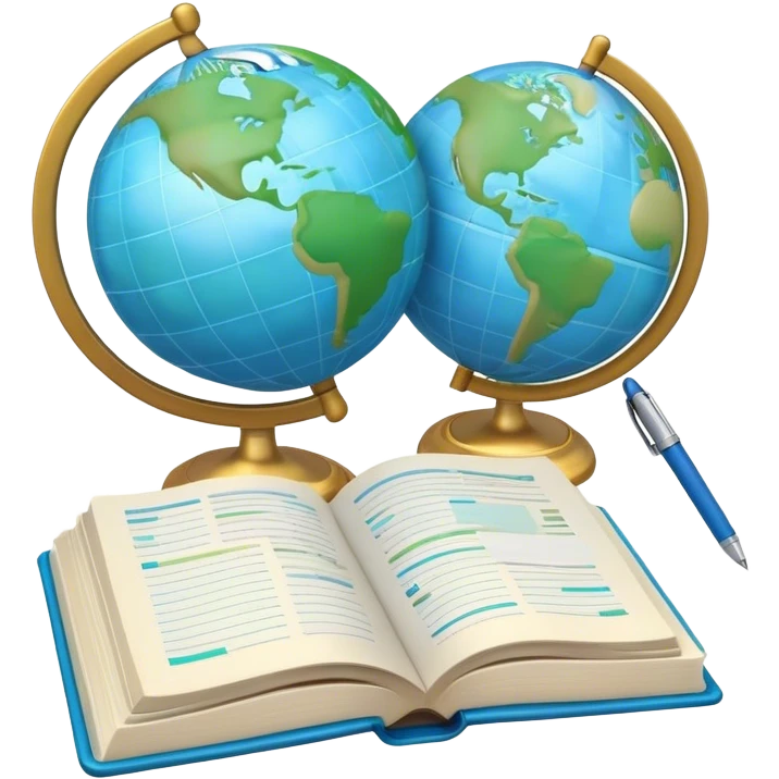 Create an emoji representing language translation. The design should feature just one globe in the background, symbolizing international communication. In front of the globe, place two opened books with texts on them and a pen nearby to indicate the act of writing. Use a clean and professional color palette with blues, greens, and neutral tones. Make the background transparent. emoji