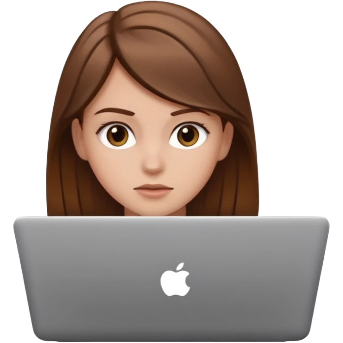 Make an emoji of a white girl with brown hair behind a laptop screen with her mouth not showing emoji