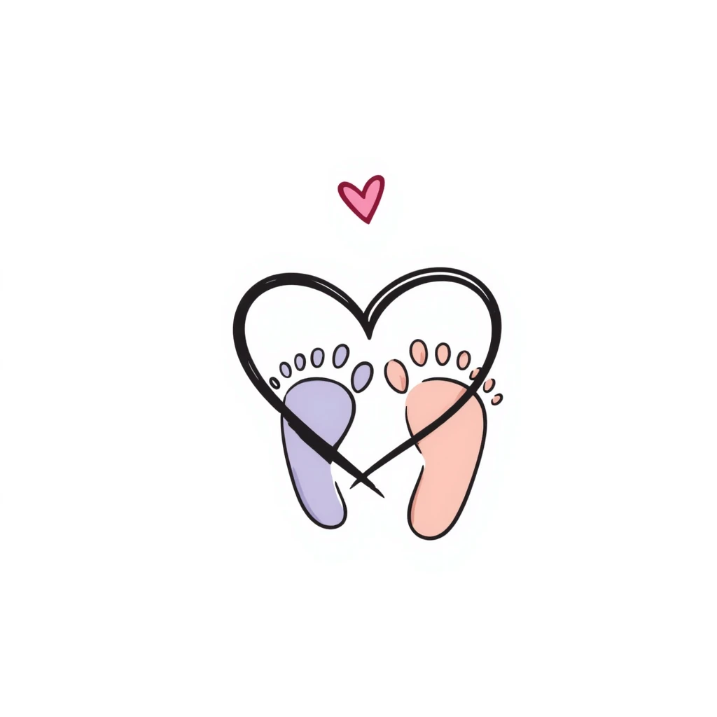 Simple, tasteful maternal symbol with a heart and tiny baby footprints. Hand-drawn doodle style using pastel colors (pink, light blue, lavender, peach). Gentle design representing motherhood and pregnancy. Sweet illustration with soft, nurturing elements. emoji