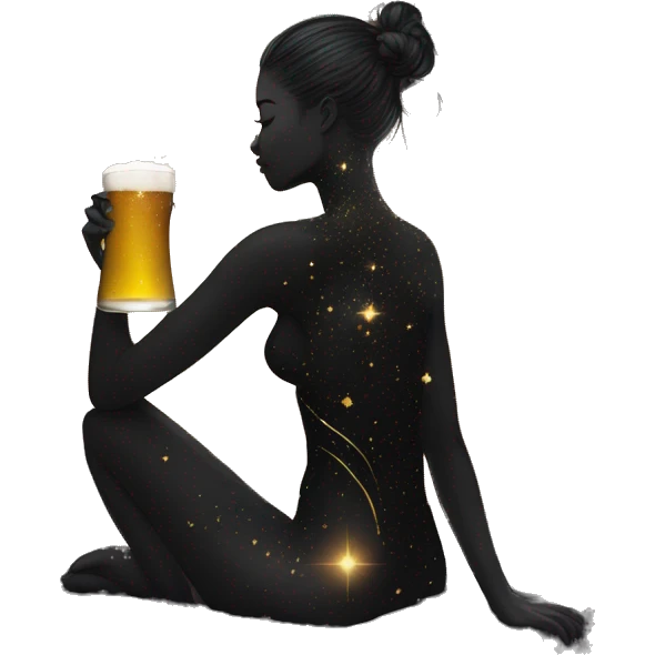 Ethereal galactic Girl wearing black and gold sat on a nebula galaxy drinking beer surrounded by golden stars and planets emoji